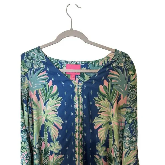 Lilly Pulitzer Womens Blue & Green Tropical Print Tunic Dress With Tie Cuffs med - Picture 2 of 8